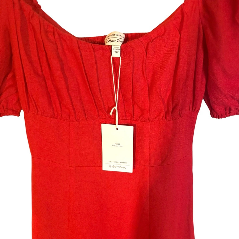 & Other Stories NWT linen puff sleeve midi summer dress in red in Sz 32 (XS) - Picture 5 of 11
